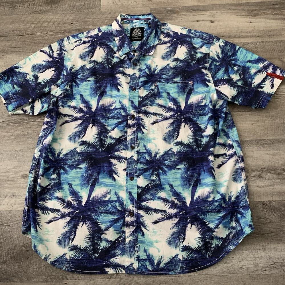 English Laundry Shirt Mens 2X 2XL Blue Palm Hawaiian Stretch Button Front Aloha